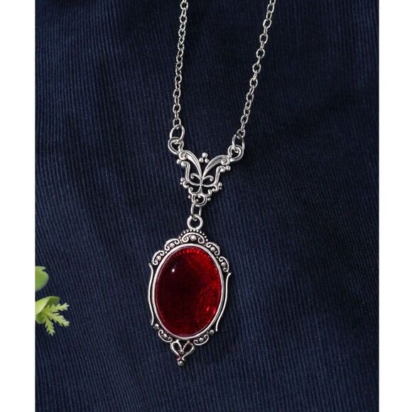 Silver Victorian Style Oval Red Quartz Pendant Necklace Large Crystal Goth New - Picture 2 of 4